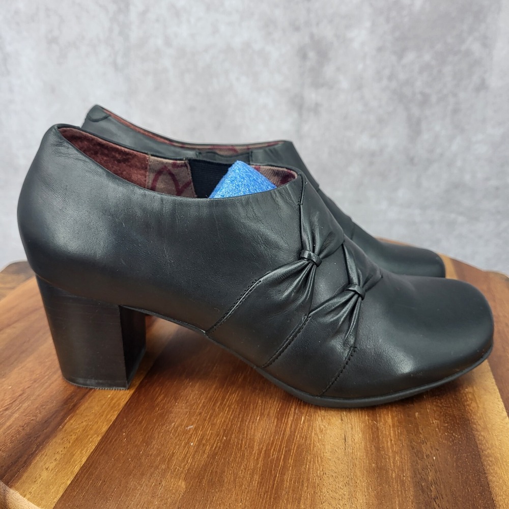 Abeo Bio Ankle Boots Womens 9‎ Black Leather Block Heels Slip On Booties Olivya